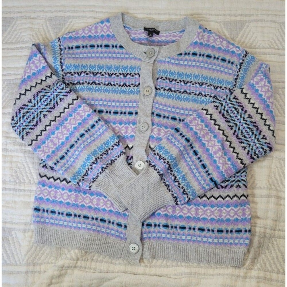 Talbots Petite Fair Isle Cardigan Sweater – Gray‎ Multi Pastel – Size SP